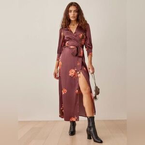 Reformation Merrick Silk Maxi Burgandy Floral Dress Size XS *FLAWED*